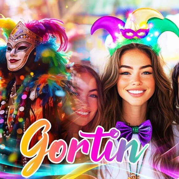 Light Up Mardi Gras Jester Hat Headband Purple Green Gold Costume Accessories - Picture 3 of 7